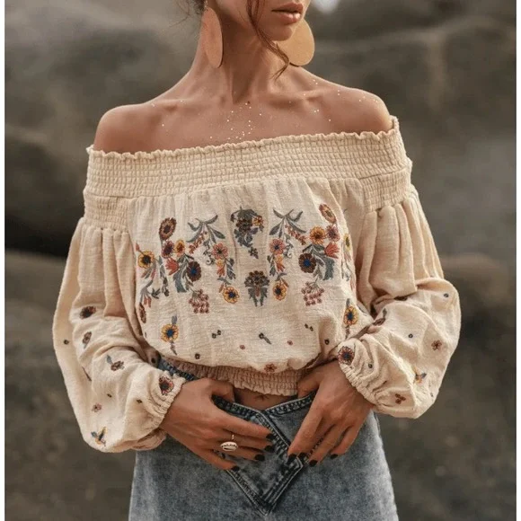 Free People Embroidered Peasant Cottagecore Hippie Cream Floral Boho Top Large - Picture 1 of 9